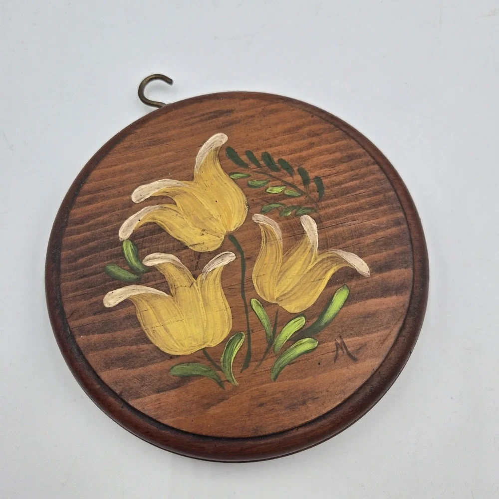 VTG‎ Tole Hand Painted Grannycore Wooden Wall Decor Hanging Yellow Flower Art